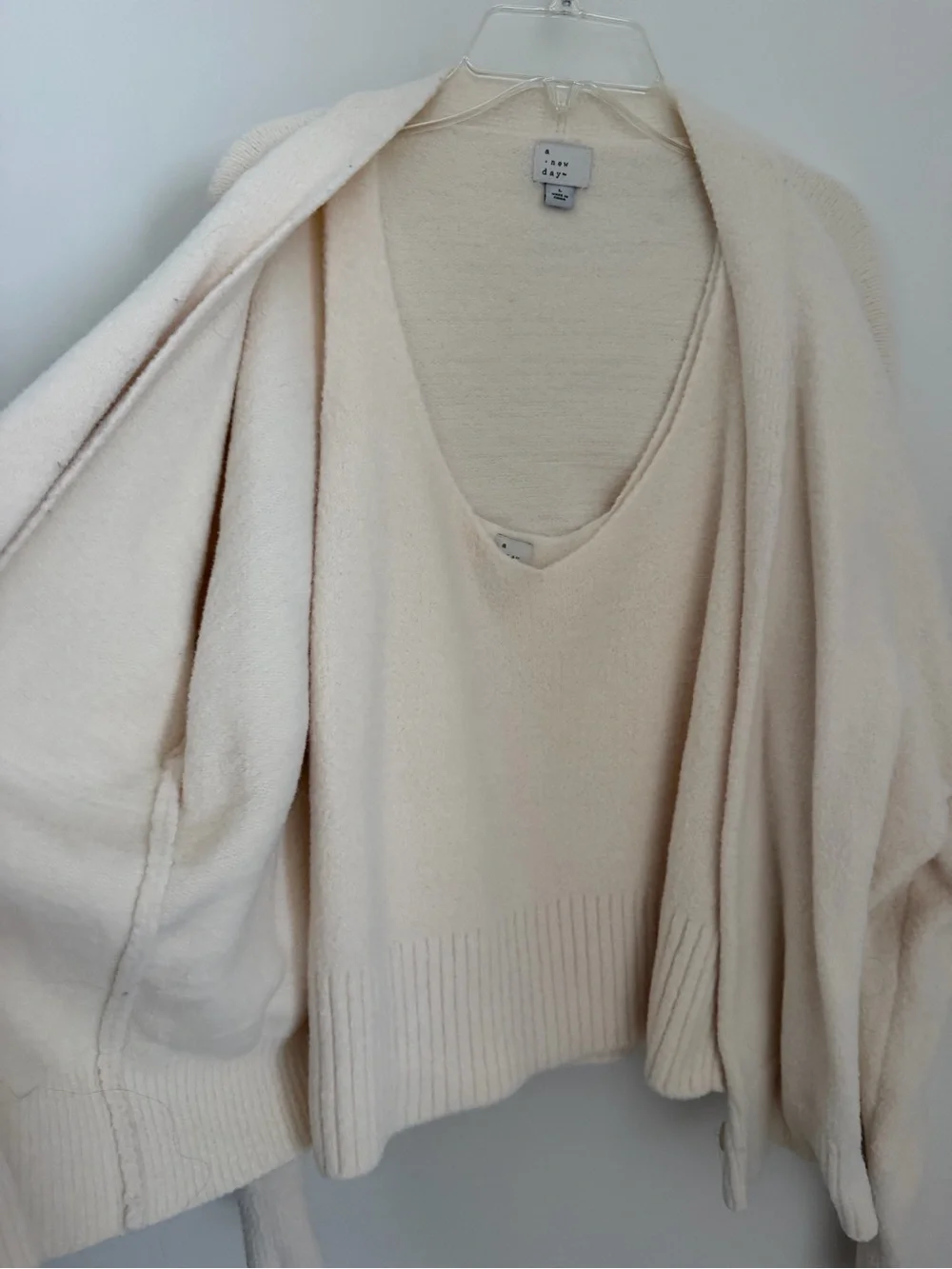 A NEW DAY - Cozy Cream V-Neck Sweater Set with Matching Cardigan - Women’s Large